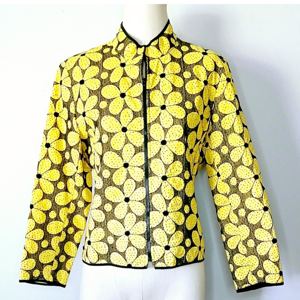 Elliott Lauren Yellow Daisy Polka Dot Lightweight Jacket Artsy Embroidered
